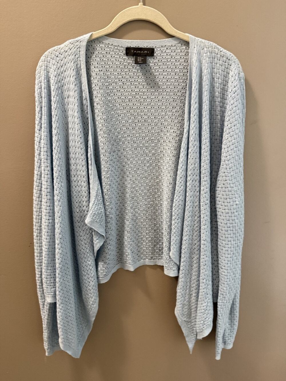 Tahari Pointelle Baby Blue Drape Sweater Linen Blnd Size XL Boho Cottage Dainty